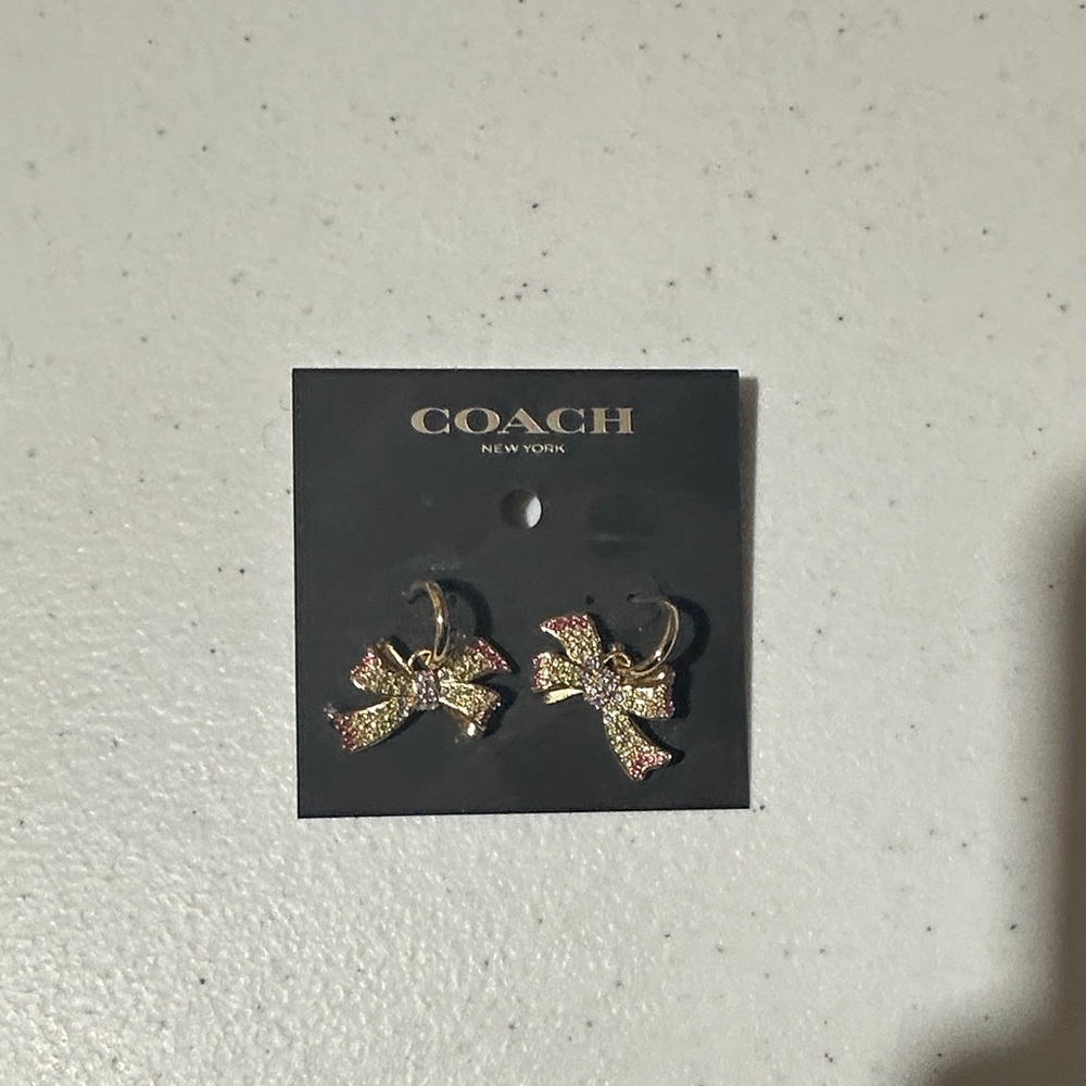 Coach Gold Bow Hoop Earrings with Pink & Clear Crystals